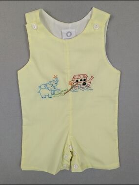 NWT The Proper Peony Jon Jon Shortall Romper Embroidered Yellow Boys 12 Months
